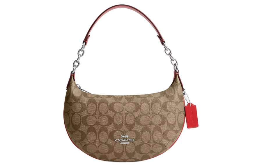 COACH Payton Leather Handbag, Shoulder Bag Large Women's Silver & Khaki & Miami Red