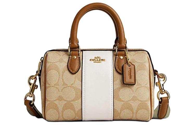 COACH Rowan Canvas With Leather Handbag, Shoulder Bag, Crossbody Bag Small Women's Light Khaki & Pink & White