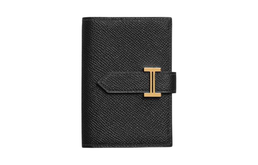 HERMES Bearn Gold tone Lock Epsom Calfskin Card Holder Unisex Black