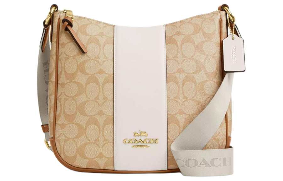 COACH Ellie Canvas With Leather Crossbody Bags Medium Women's Light Khaki