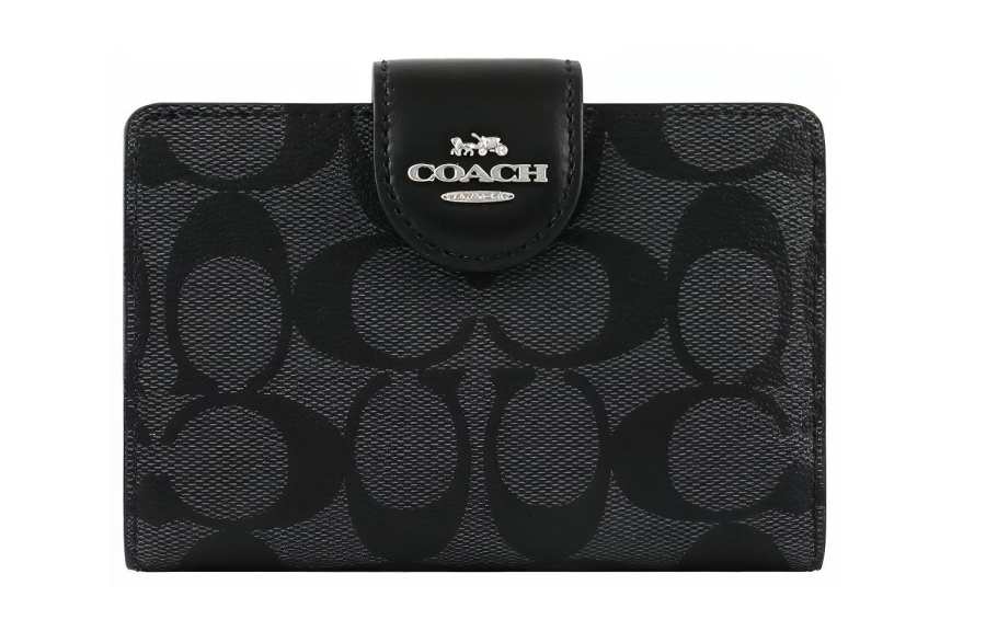 COACH Corner Zip PVC Wrist Bag Clutch Pochette Wallet Women's Charcoal Black