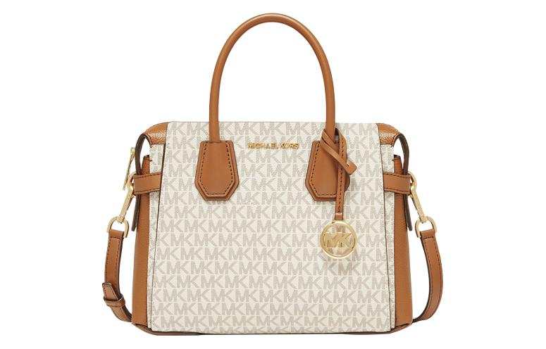 MICHAEL KORS Mercer Cow Leather With Artificial Leather Shoulder Bag, Handbag Small Women's Vanilla White/Acorn Brown