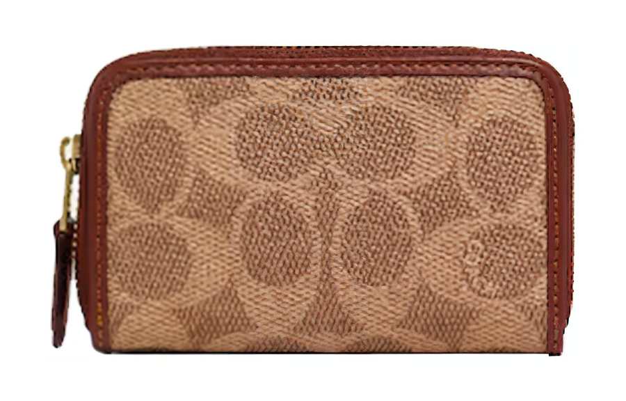 COACH Zip Around Canvas With Leather Clutch Card Holder, Wallet Unisex Brown