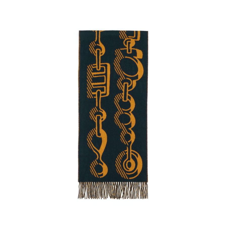 HERMES Cashmere Knit Scarves Women's Black Blue/Ochre Yellow