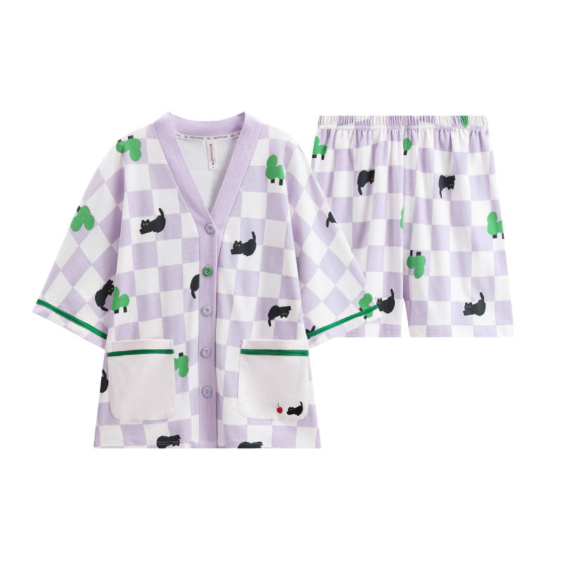 FENTENG Pajama Set Women's Purple Plaid