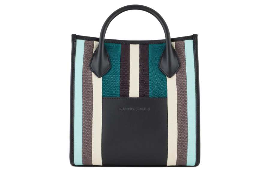 EMPORIO ARMANI 100% Cotton Tote Bag, Shopping Bag, Handbag Men's Blue Green & Brown Black