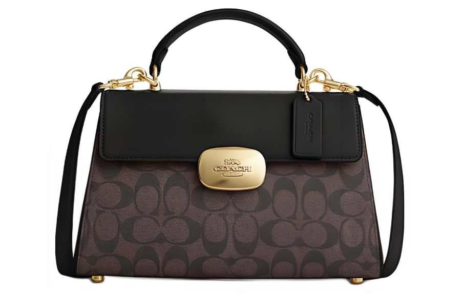 COACH Eliza Artificial Leather With Cow Split Leather Shoulder Bag, Crossbody Bag, Handbag Large Women's Brown & Black