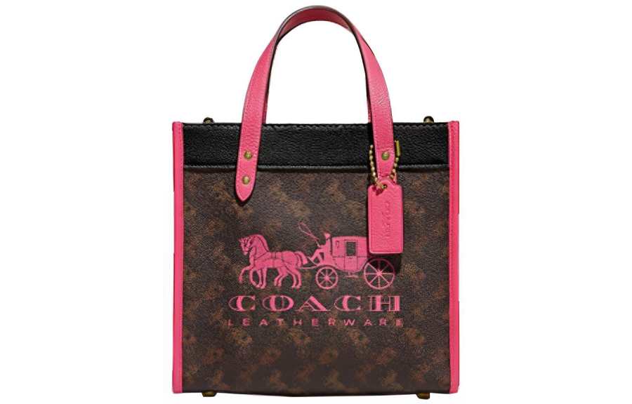 COACH Field Leather Tote Handbag Small Women's Brown Pink Multicolor