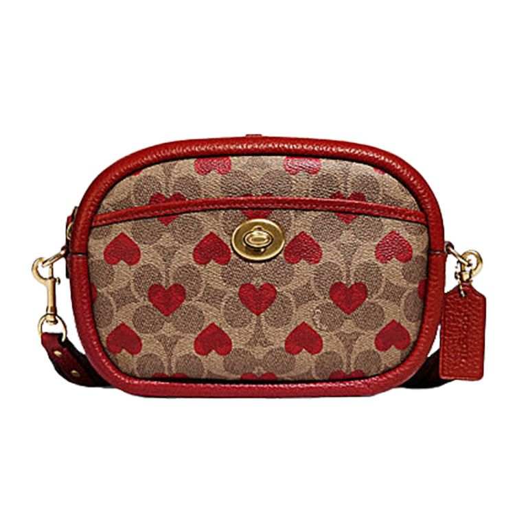COACH Camera Canvas With Leather Camera Bag, One Shoulder Handbag, Crossbody Bag Small Women's Brown & Red