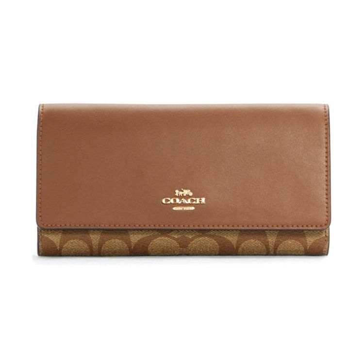 COACH Trifold Wallet Coated Canvas Leather Clutch Wallet Women's Brown