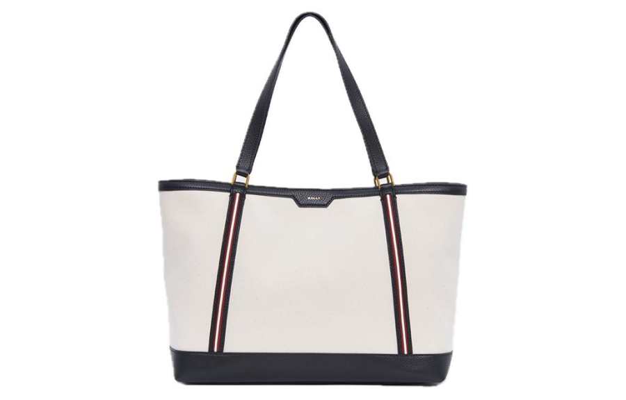 BALLY Fabric With Cow Leather Tote Bag, Shopping Bag, Handbag Large Women's Natural & Black