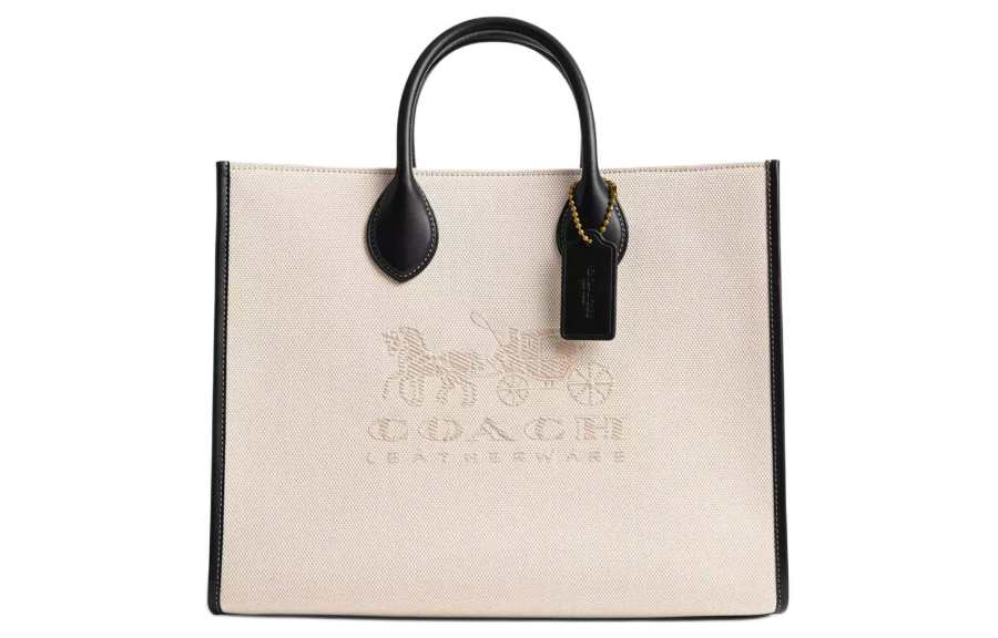 COACH Ace Canvas With Calfskin Tote Crossbody Handbag Large Women's Brass & Rock Salt & Black