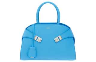 FERRAGAMO Gancini Grain Calfskin Shoulder Bag, Crossbody Bag, Handbag Small Women's Light Blue