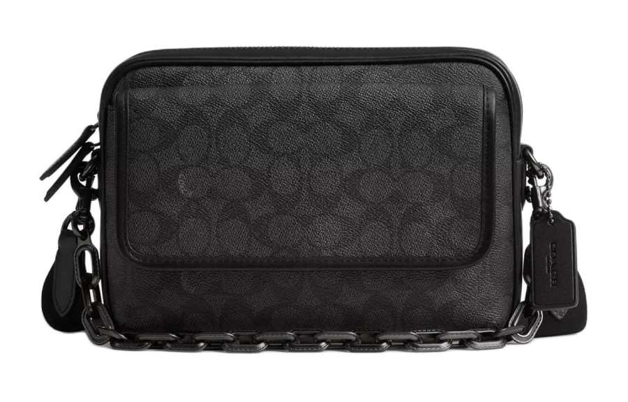 COACH Charter Iconic Coated Canvas With Calfskin Shoulder Bag, Crossbody Bag Medium Men's Charcoal
