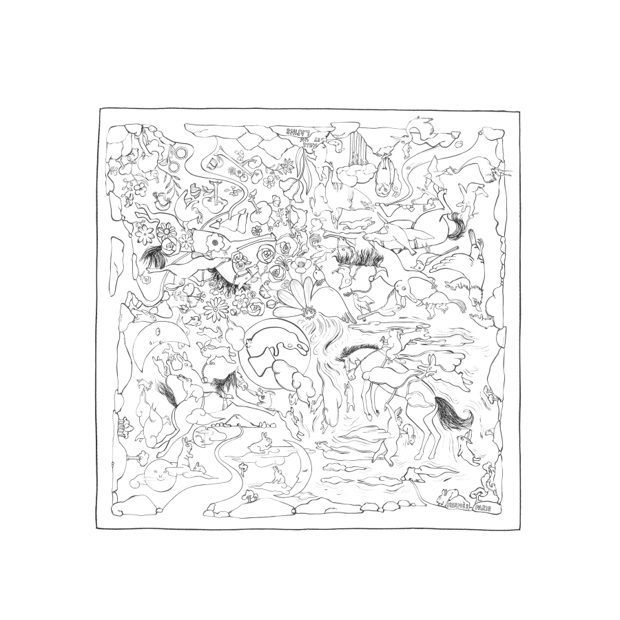 HERMES HERMES Mille Et Un Lapins Scarves Unisex White