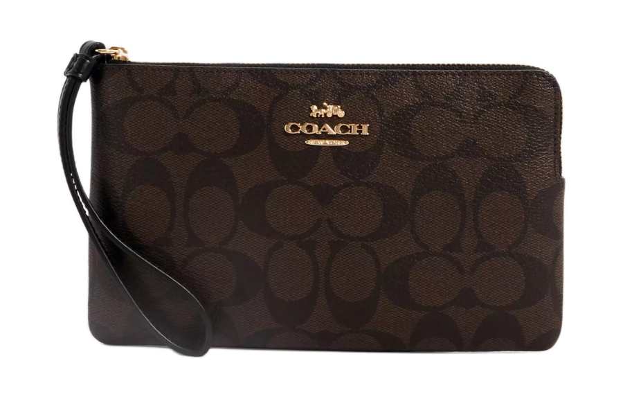 COACH Corner Zip Coated Canvas With Recycled Leather Clutch Wallet Small Women's Gold & Brown & Black