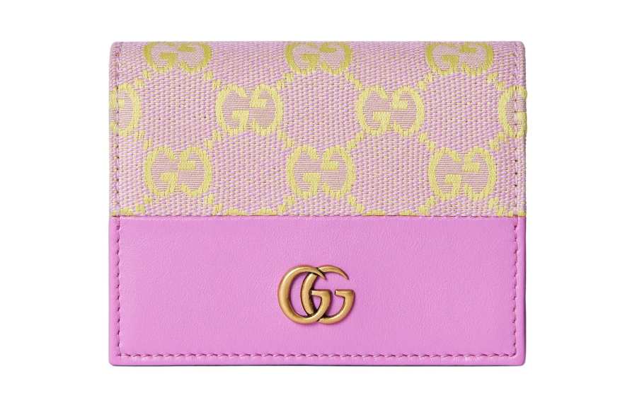 GUCCI Canvas With Leather Binding Card Holder Women's Light Purple & Yellow