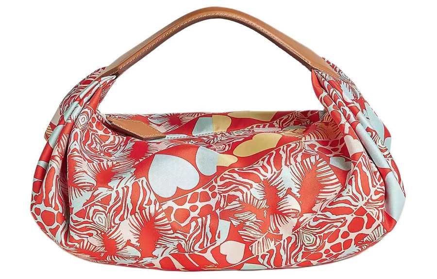 HERMES Balusoie Silk Hunter Cow Leather Lunch Bag Handbag Women's Orange Red & Japanese Blue & Natural