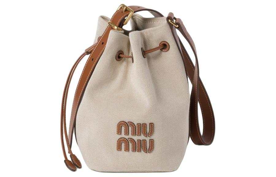 MIU MIU Canvas Leather Bucket Bag, Shoulder Bag, Crossbody Bag Women's Beige & Brandy