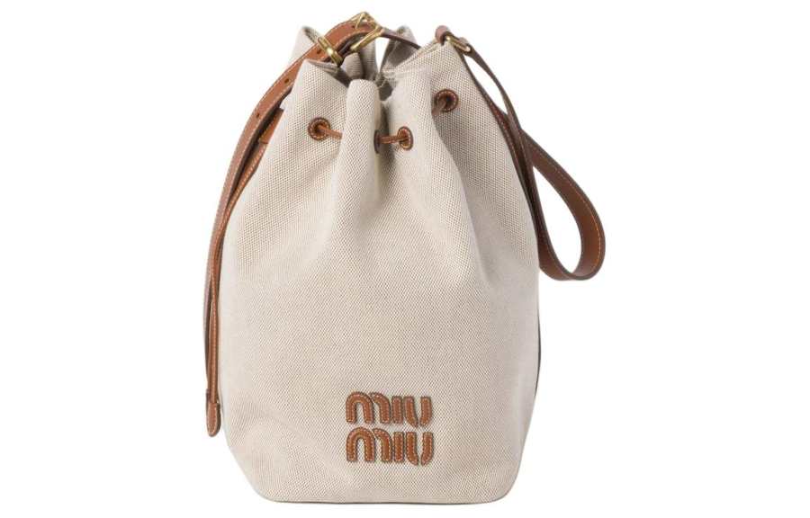 MIU MIU Canvas With Leather Bucket Bag, Shoulder Bag, Crossbody Bag Women's Beige & Brown