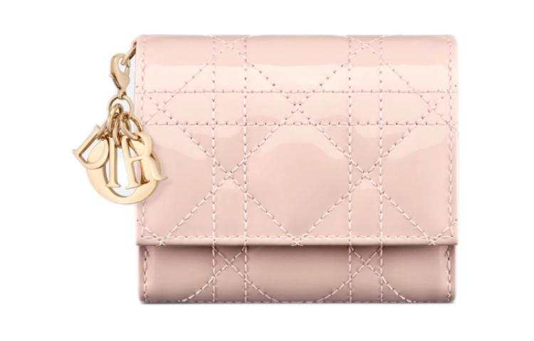DIOR Lady Dior Patent Leather Wicker Pattern Calfskin Wallet Women's Lotus Powder