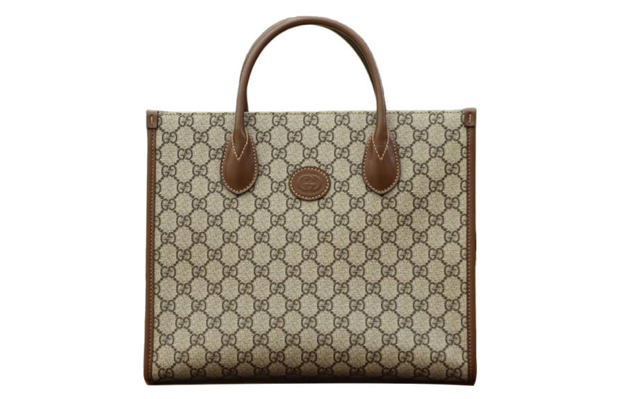 GUCCI Canvas With Leather Tote Shopping Bag, Shoulder Bag, Crossbody Bag, Handbag Small Unisex Ebony/Brown