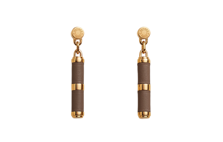 HERMES Charniere Calfskin Metal Gold Plated Earrings Women's Brown