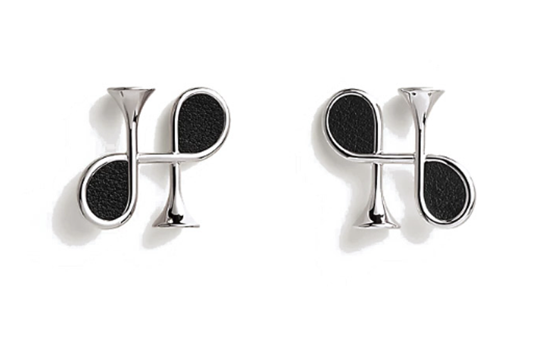 HERMES Palladium Plated Calfskin Earrings Women's Silver/Black