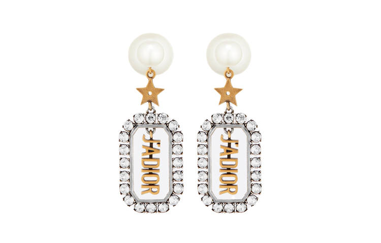 DIOR White Faux Crystal, White Resin Bead Ornament, Palladium Plated Metal Earrings Women's