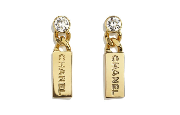 Chanel 2021 Plated Rhinestone Tag Drop Push Back Earrings costume earrings