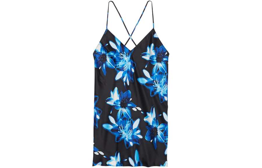 Victoria's Secret Satin Open Back Slip Nightgown Women's Black Sole Blue Floral Print