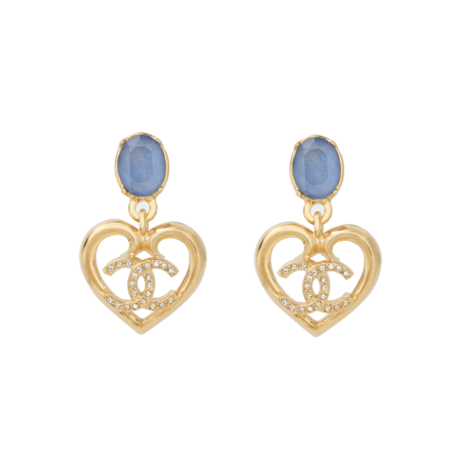 Chanel 2023 Gold Plated Crystal Heart Drop Push Back Earrings costume earrings