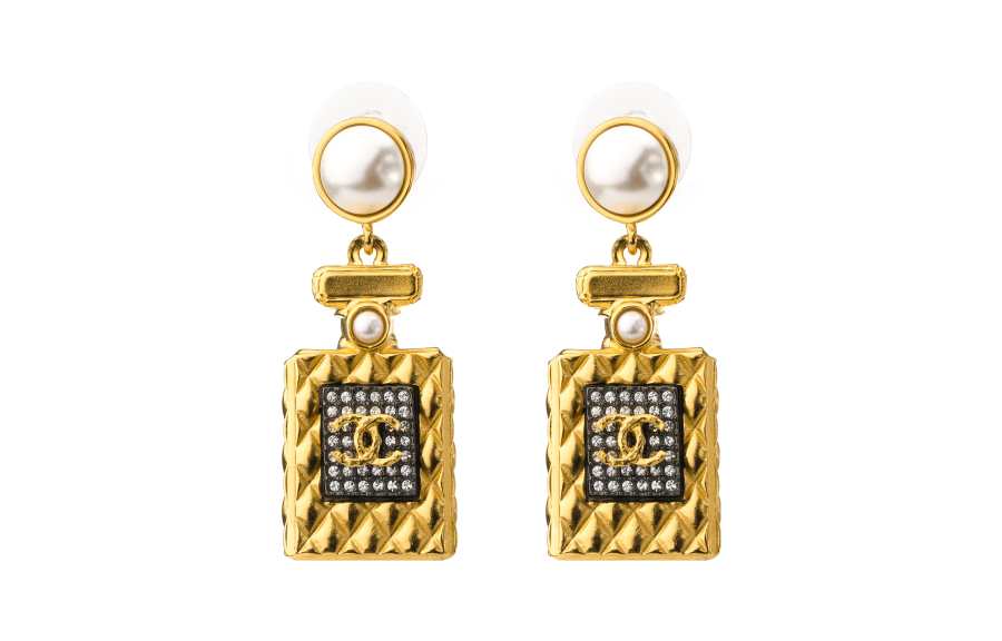 Chanel 2020 Plated and Faux Pearl Crystal Cc Perfume Bottle Drop Push Back Earrings costume earrings