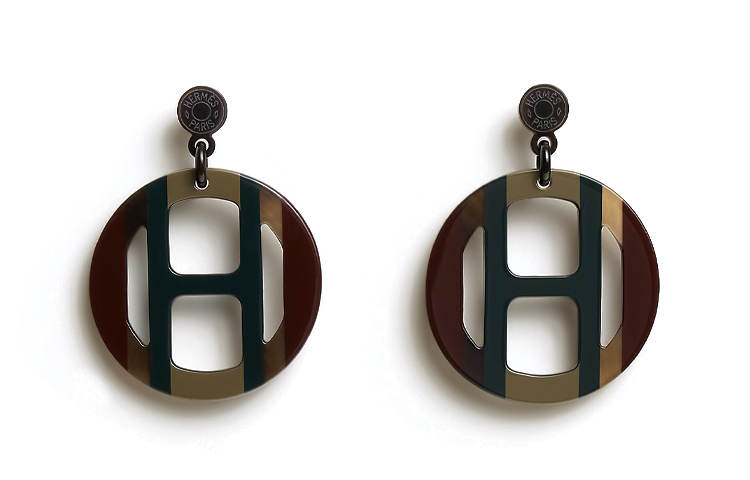 HERMES H Equipe Earrings Women's Dark Brown/Dark Green