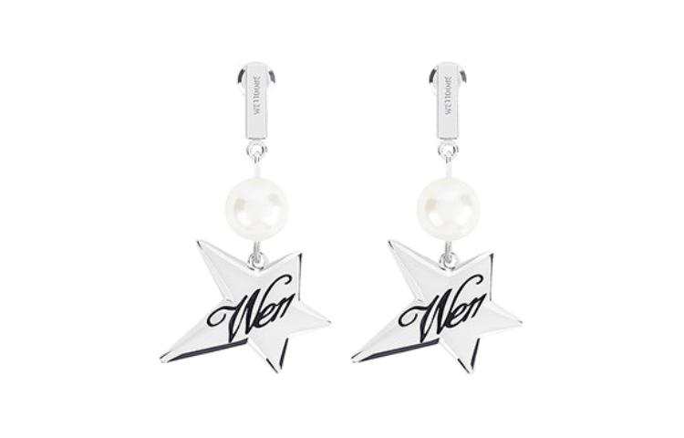 WE11DONE Brass Hoop Earrings, Swarovski Pearl Unisex Silver