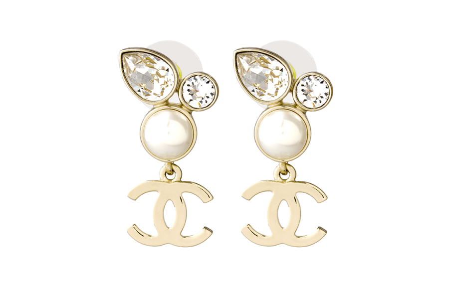 Chanel 2022 Cc Gold Plated Faux Pearl and Rhinestone Drop Earrings costume earrings
