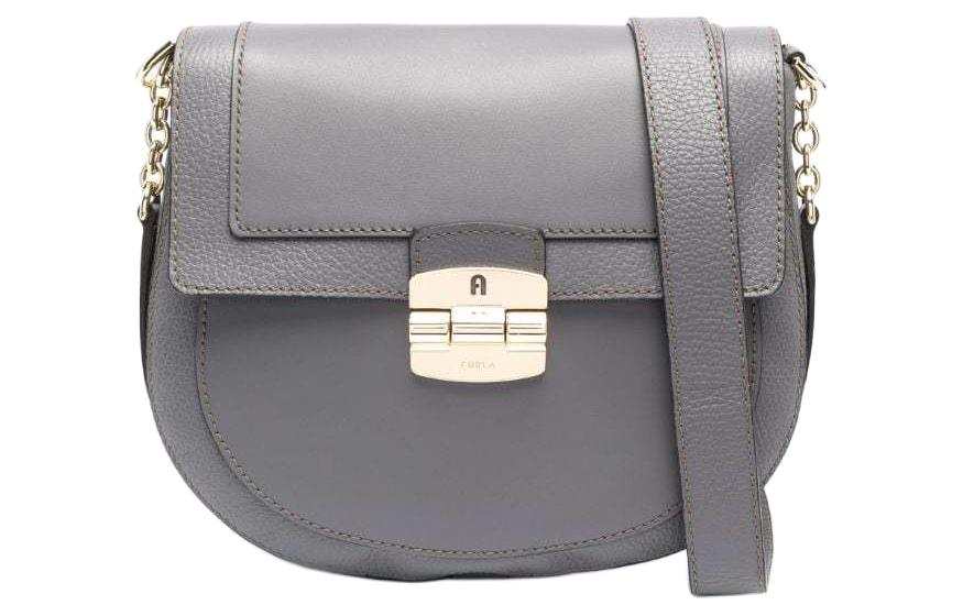 Furla Club 2 Grain Calfskin Saddle Bag, Shoulder Bag, Crossbody Bag Women's Gray