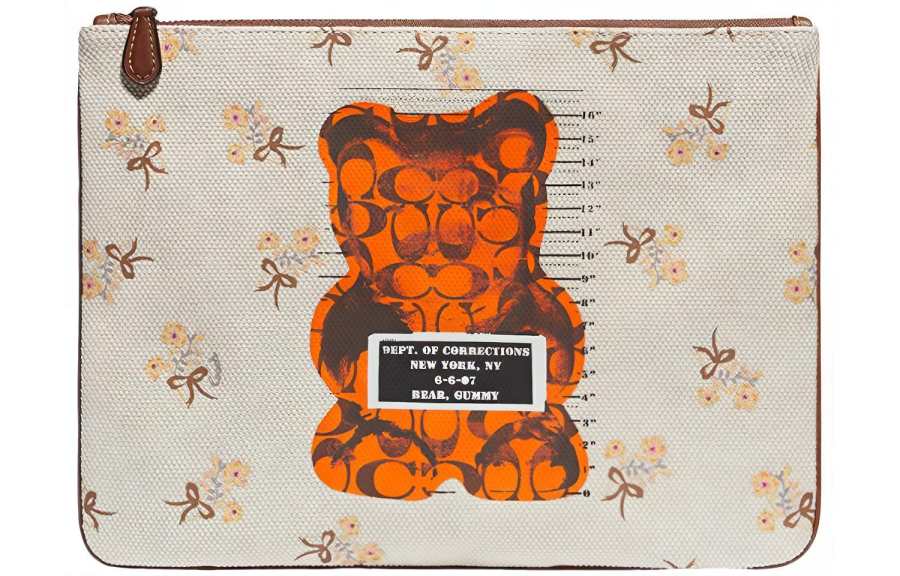 COACH X Vandal Gummy Bear Collaboration Wristlet Pebbled Leather Document Bag Clutch Large Women's Beige Orange