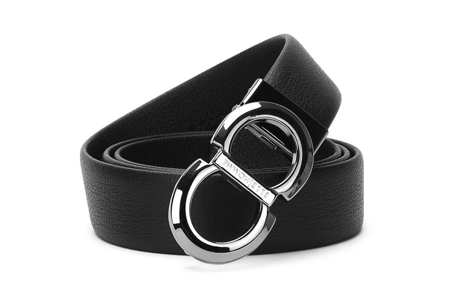 ELLE HOMME Top Grain Cow Leather Belts Men's Black Width 3.4CM Gift Box Set