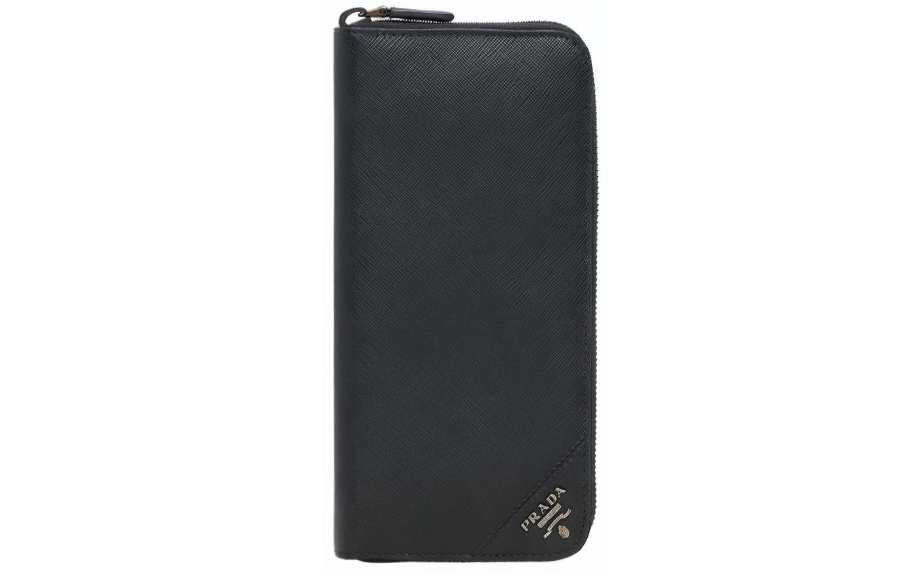 PRADA PRADA Saffiano Long Cow Leather Wallet Men's Black With Gold Text