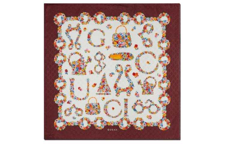GUCCI Patterned Print Silk Scarves Unisex Red