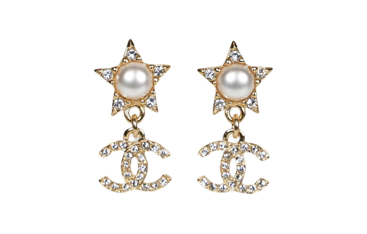 CHANEL Pearl, Rhinestone Earrings Women's Gold
