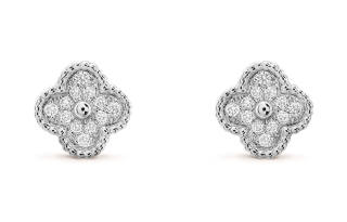 Van Cleef & Arpels Alhambra 18K Gold Diamond Stud Earrings Unisex White Gold