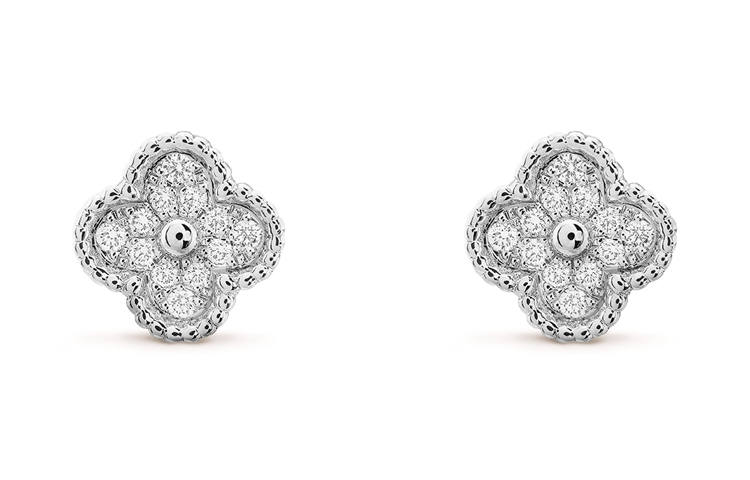 Van Cleef & Arpels Alhambra 18K Gold Diamond Stud Earrings Unisex White Gold