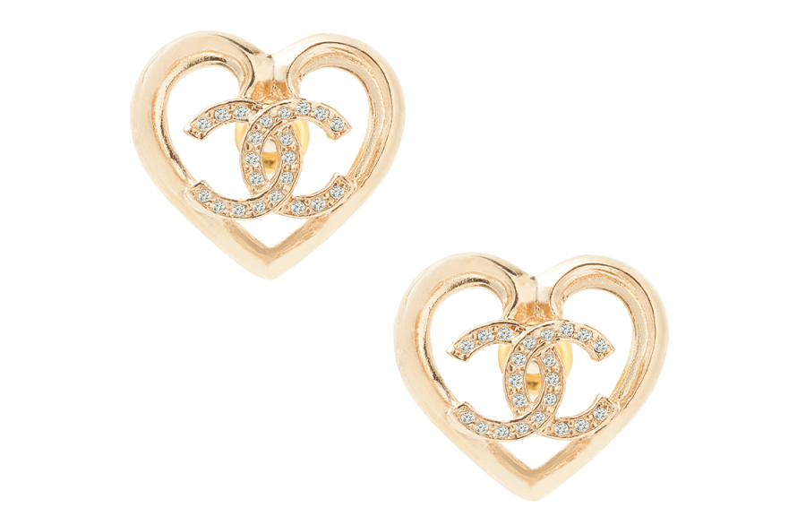 CHANEL CHANEL Crystal Cc Logo Heart Stud Earrings ABA103