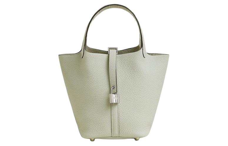 HERMES Picotin Lock Clemence Bullock Leather With Crocodile Leather Basket Bag, Bucket Bag, Handbag Women's Snow Gray