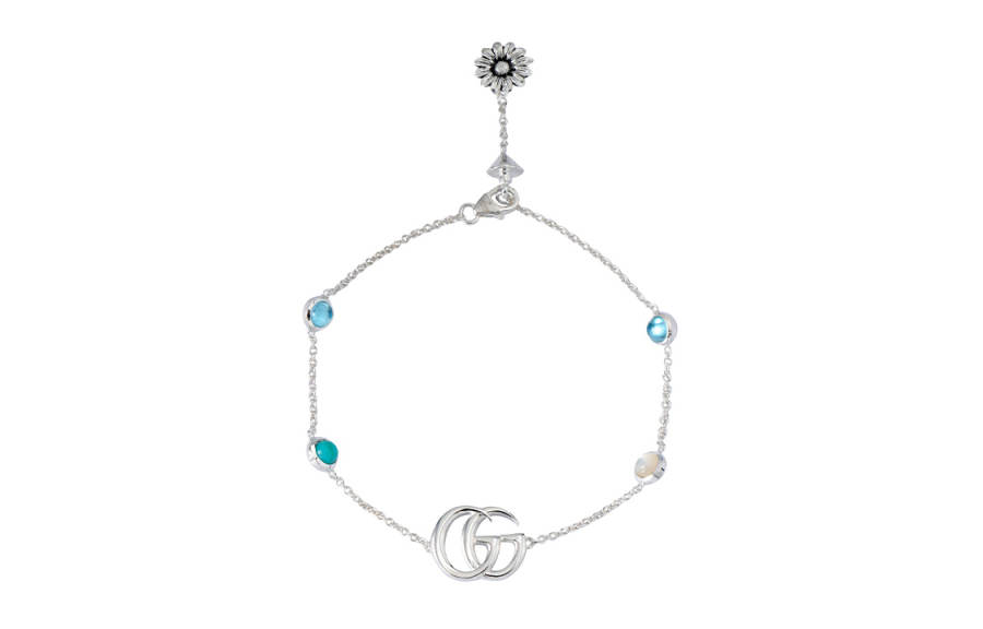 GUCCI GG Marmont 925 Sterling Silver, Mother Of Pearl, Green Resin Gemstone, And Blue Topazes Bracelets Women's
