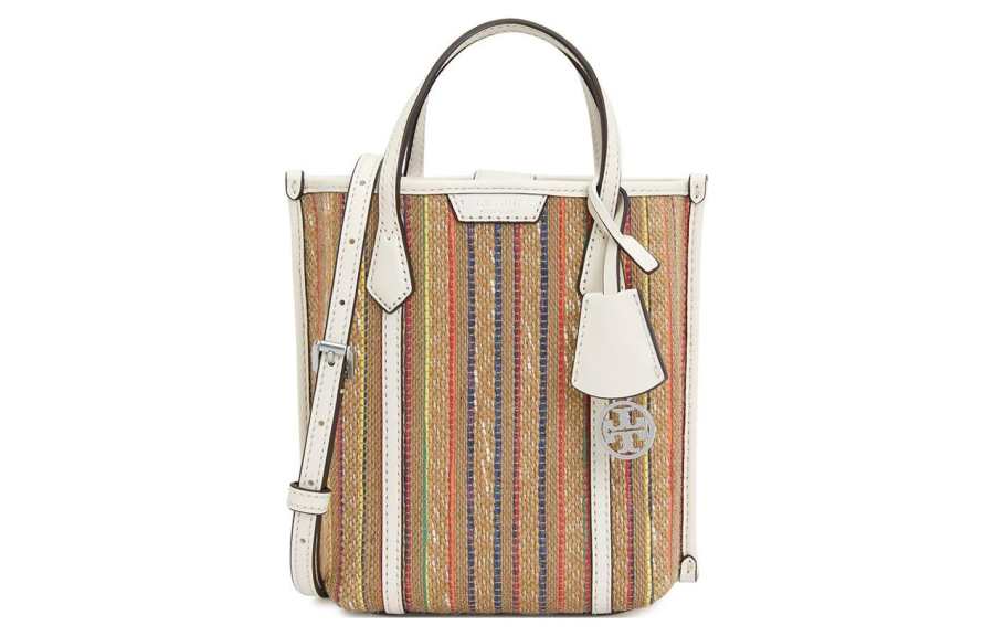 TORY BURCH Perry Raffia Leather Trim Tote Bag, Shopping Bag, Shoulder Bag, Crossbody Bag, Handbag Mini Women's