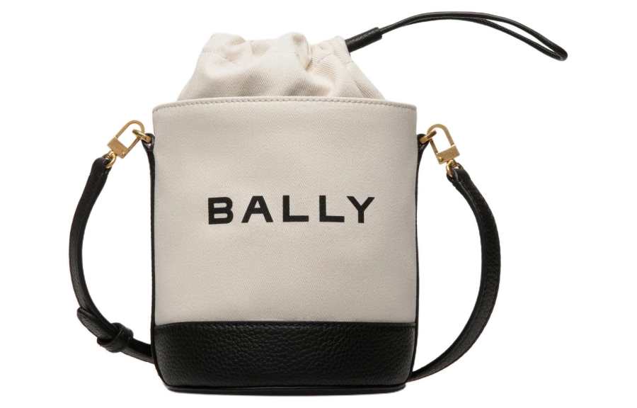 BALLY Fabric With Leather Bucket Bag, Shoulder Bag, Crossbody Bag Mini Women's Beige & Black