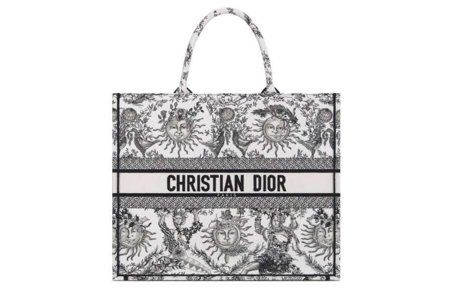 DIOR BookTote Soleil Jouy Print Embroidery Tote Bag, Shopping Bag, Shoulder Bag, Handbag Large Women's White & Black